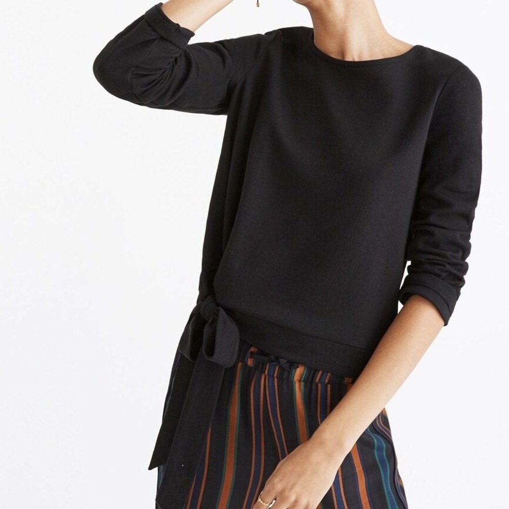 Madewell Womens Black Side Tie Long Sleeve Crew Neck Top Size Medium Casual